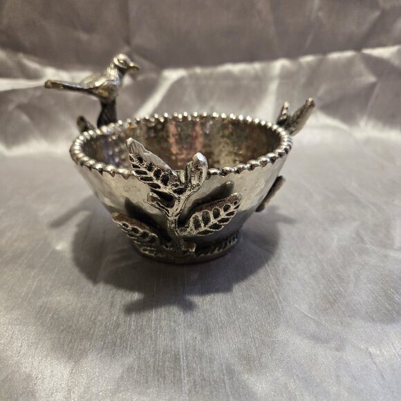 Vintage Metal Bowl Silver Tone w/bird Leaves.5” Dia. 3.5” H - Picture 1 of 7